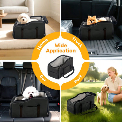 Portable Dog Car Seat For Small Dogs- Pet Booster Seat With Fixed Leash, Adjustable Straps, Storage Pocket- Center Console Puppy Car Seat For Travel, Support Pet Up To 12lbs