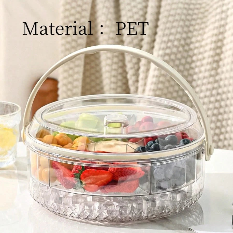 Portable Five-Section Fruit And Nut Storage Tray With Handle, Sealed And Moisture-Proof, Suitable For Home And Outdoor Picnics, Round Shape With Lid, Perfect For Snacks
