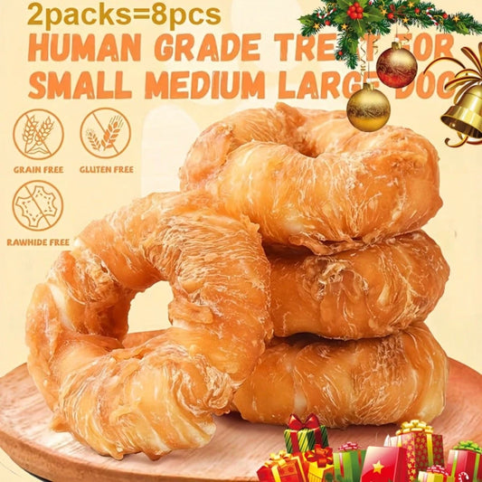 Premium 4PCS Natural Dog Treats Chews: Real Chicken Wrapped Cowhide Teething Donut Treats- 3.5" Grain-Free Canine Puppy Snacks For Healthy Teeth- Delicious Pet Treats & Snacks For Dogs- Training &