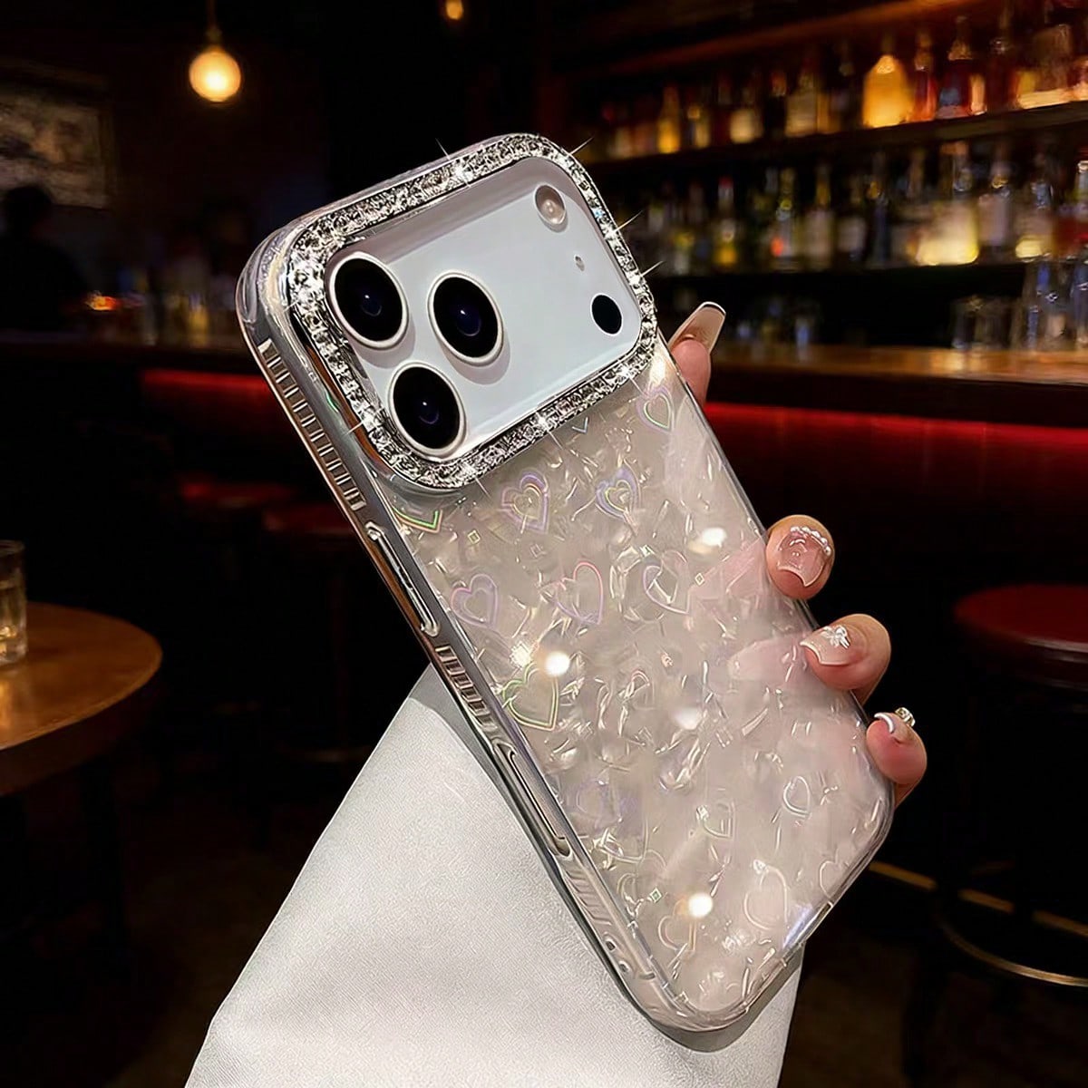 Premium Rhinestone Decor Bright White Heart Phone Case Compatible With IPhone 17 Pro Max/17 Pro/17 Air/17/16 Pro Max/16/16 Pro/16 Plus/15/15 Pro Max/15 Pro/15 Plus/11/12/13/14 Pro Max/11 Pro/11 Pro Ma