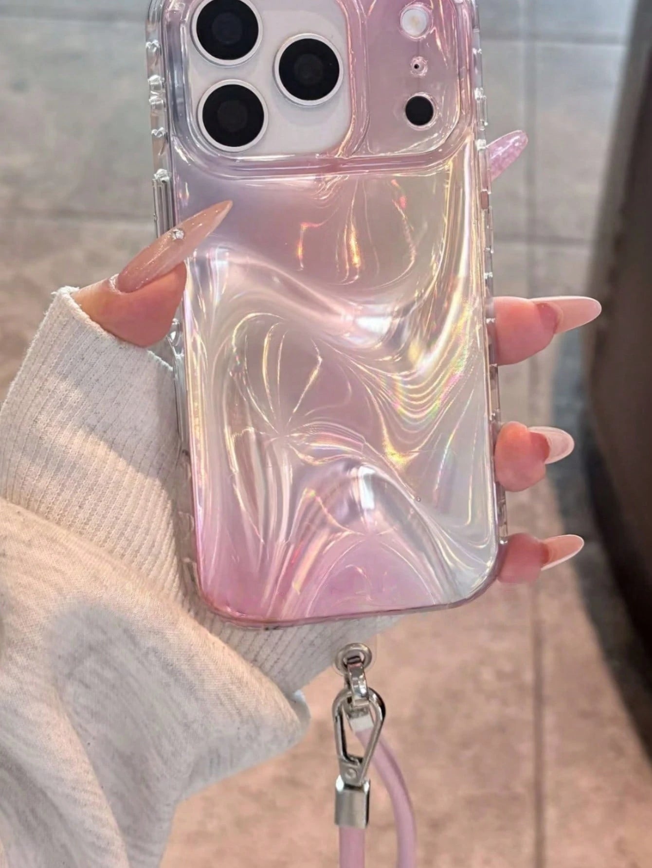 Premium Wavy Light Pink Leather Wrist Strap Compatible With 14 Pro Max Apple 16 Phone Case Full Edge Protection Women's 17 Anti-Drop Protective Cover 16 Pro Max Personalized 15 Niche