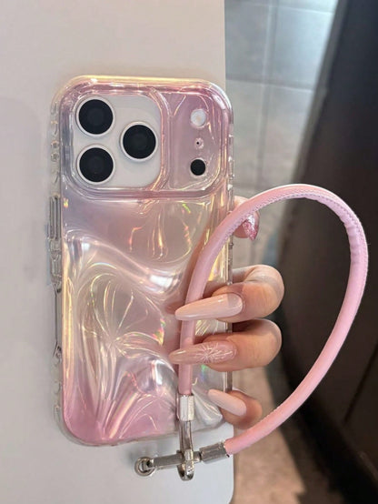 Premium Wavy Light Pink Leather Wrist Strap Compatible With 14 Pro Max Apple 16 Phone Case Full Edge Protection Women's 17 Anti-Drop Protective Cover 16 Pro Max Personalized 15 Niche