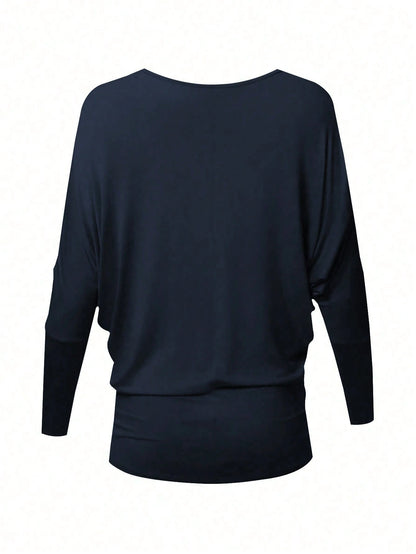 Qadelle Women's Fashion Oversized Round Neck Batwing Sleeve Side Ruched Long Sleeve T-Shirt