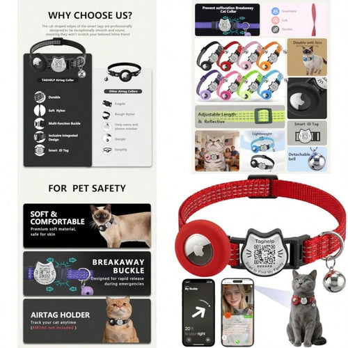 QR Code And AirTag Breakaway Reflective Waterproof Cat Collar With Bell Smart Scan Pet ID Tag And Built-In Apple AirTag Holder Adjustable Safety Collar For Indoor/Outdoor Cats-Red