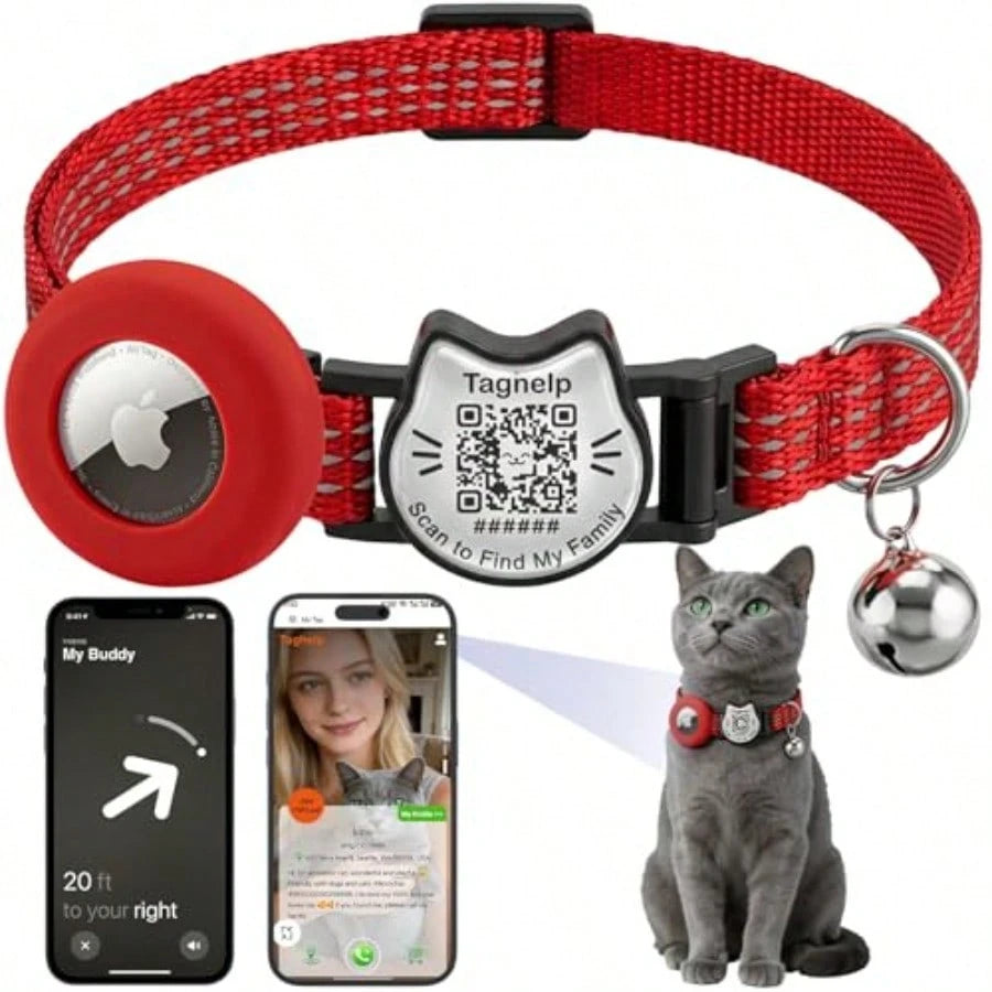 QR Code And AirTag Breakaway Reflective Waterproof Cat Collar With Bell Smart Scan Pet ID Tag And Built-In Apple AirTag Holder Adjustable Safety Collar For Indoor/Outdoor Cats-Red