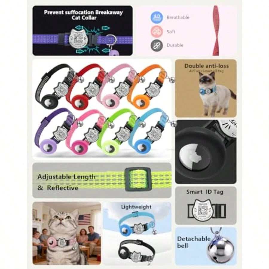 QR Code And AirTag Breakaway Reflective Waterproof Cat Collar With Bell Smart Scan Pet ID Tag And Built-In Apple AirTag Holder Adjustable Safety Collar For Indoor/Outdoor Cats-Red
