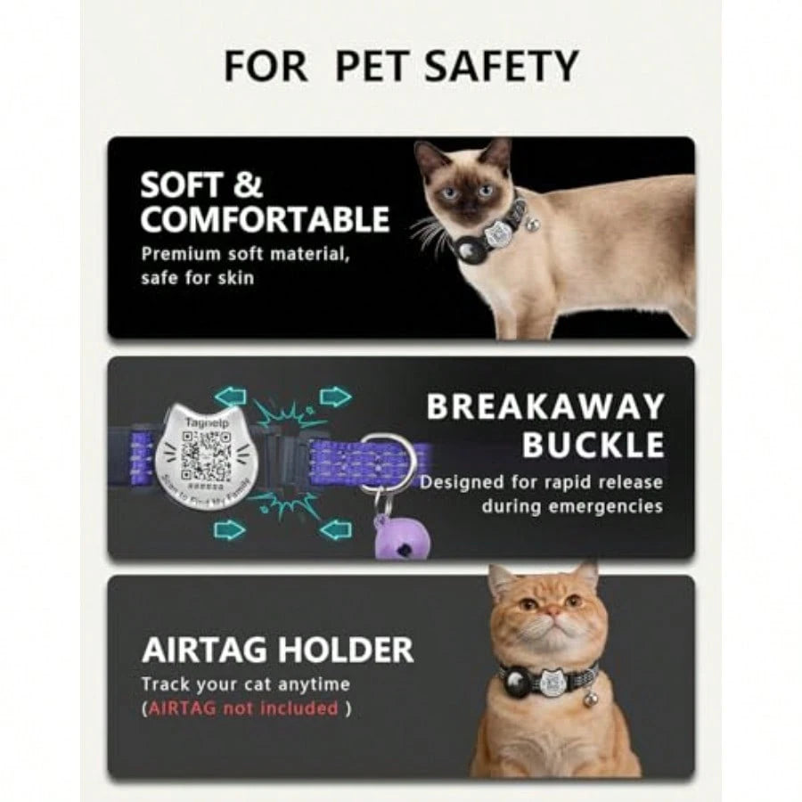 QR Code And AirTag Breakaway Reflective Waterproof Cat Collar With Bell Smart Scan Pet ID Tag And Built-In Apple AirTag Holder Adjustable Safety Collar For Indoor/Outdoor Cats-Red