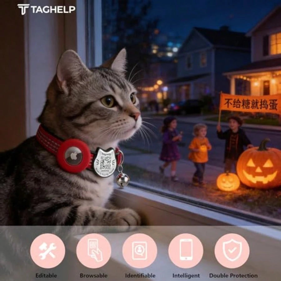 QR Code And AirTag Breakaway Reflective Waterproof Cat Collar With Bell Smart Scan Pet ID Tag And Built-In Apple AirTag Holder Adjustable Safety Collar For Indoor/Outdoor Cats-Red