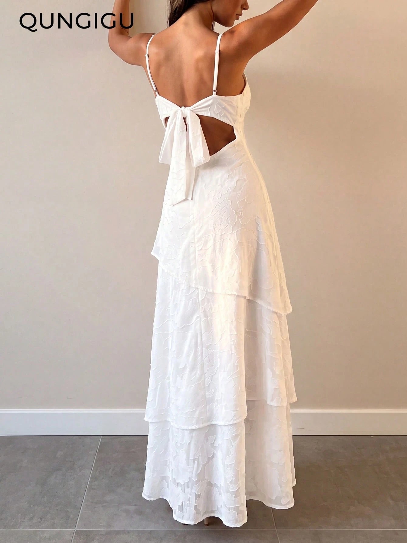 QUNGIGU Women's Spaghetti Strap Long Dress Elegant Layered Tiered Summer Outfit, Suitable For Wedding Party Graduation Date