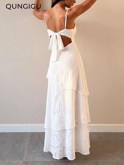 QUNGIGU Women's Spaghetti Strap Long Dress Elegant Layered Tiered Summer Outfit, Suitable For Wedding Party Graduation Date