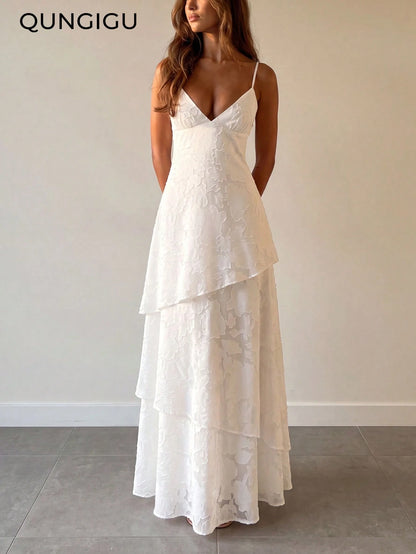 QUNGIGU Women's Spaghetti Strap Long Dress Elegant Layered Tiered Summer Outfit, Suitable For Wedding Party Graduation Date