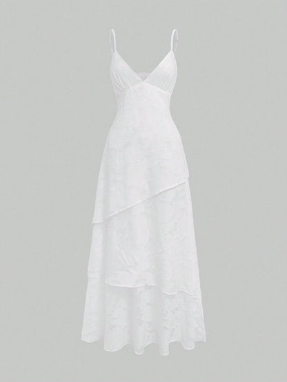 QUNGIGU Women's Spaghetti Strap Long Dress Elegant Layered Tiered Summer Outfit, Suitable For Wedding Party Graduation Date