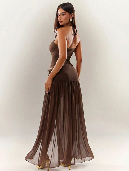 Radiana Women's Coffee Brown Beaded High Slit Fitted Mesh Maxi Dress,Backless Spaghetti Strap Summer Casual Beach Holiday Vacation Holiday Party Dress