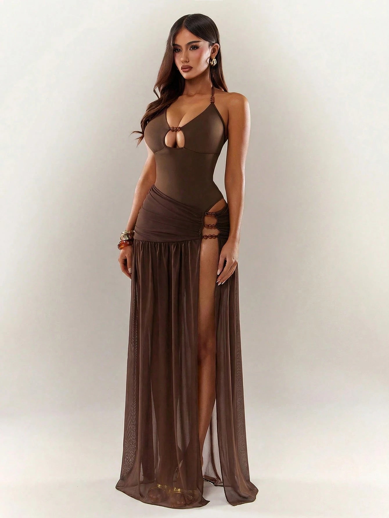 Radiana Women's Coffee Brown Beaded High Slit Fitted Mesh Maxi Dress,Backless Spaghetti Strap Summer Casual Beach Holiday Vacation Holiday Party Dress