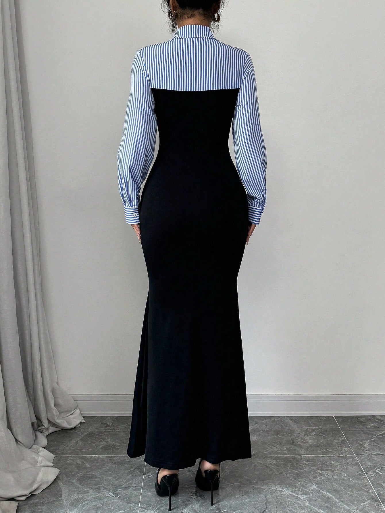 Rafferiza Elegant Bodycon Black And White AB Paneled High Slit Long Sleeve Stripe Mixed Knit Maxi Dress For Women,Autumn Office Winter Fish Hem Fall Outfit