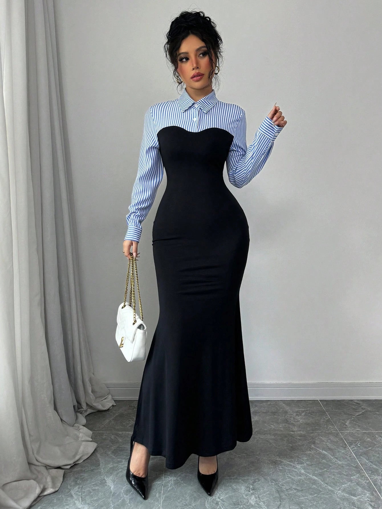 Rafferiza Elegant Bodycon Black And White AB Paneled High Slit Long Sleeve Stripe Mixed Knit Maxi Dress For Women,Autumn Office Winter Fish Hem Fall Outfit