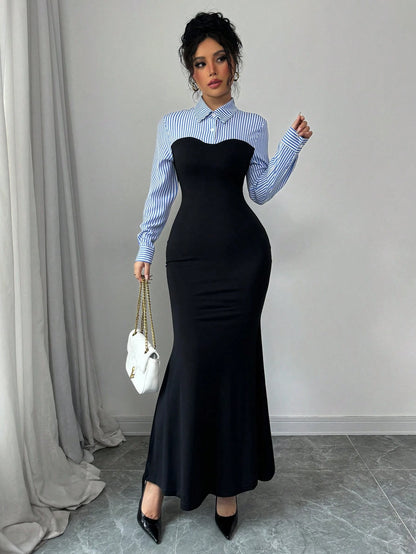 Rafferiza Elegant Bodycon Black And White AB Paneled High Slit Long Sleeve Stripe Mixed Knit Maxi Dress For Women,Autumn Office Winter Fish Hem Fall Outfit