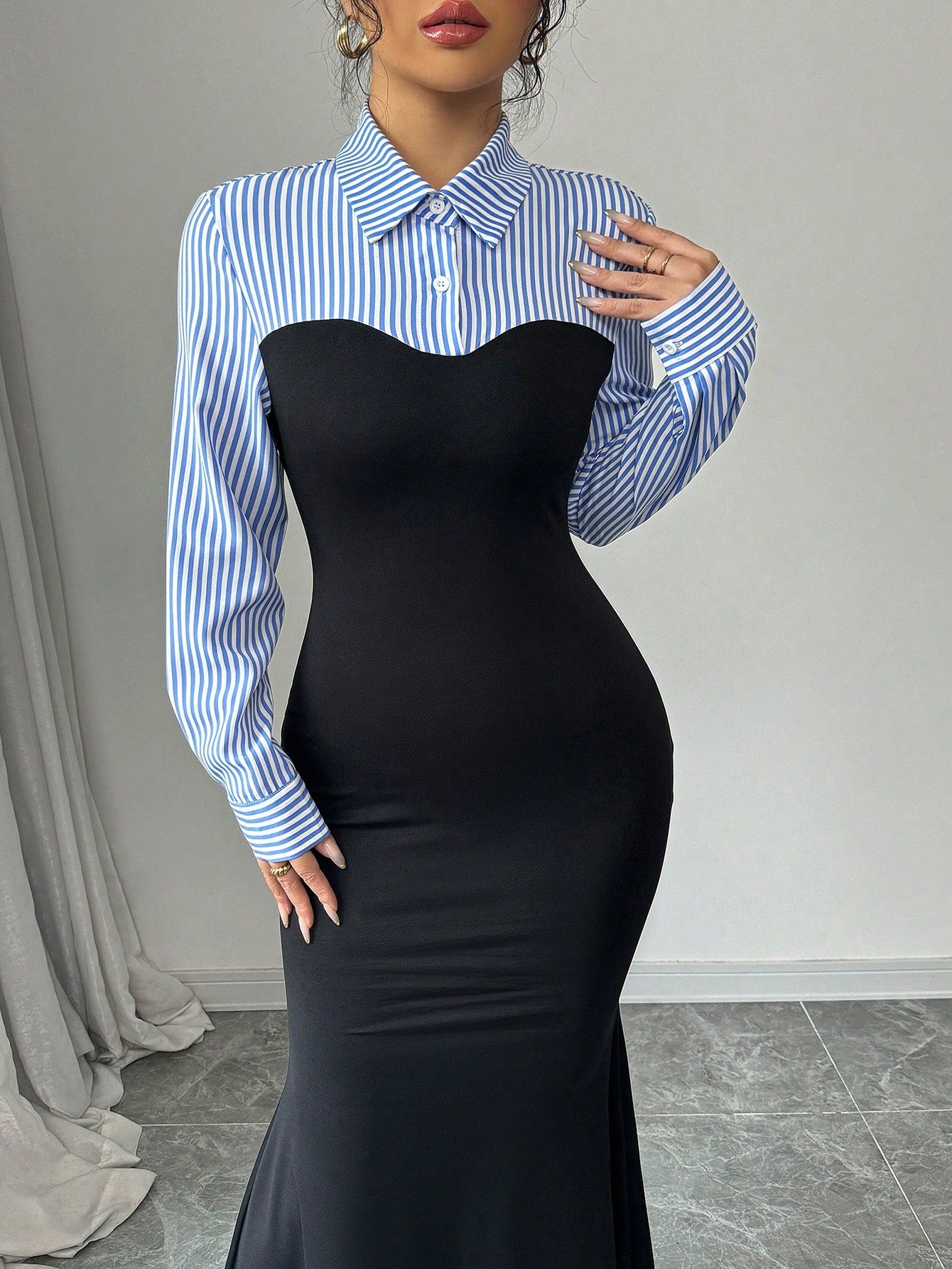 Rafferiza Elegant Bodycon Black And White AB Paneled High Slit Long Sleeve Stripe Mixed Knit Maxi Dress For Women,Autumn Office Winter Fish Hem Fall Outfit