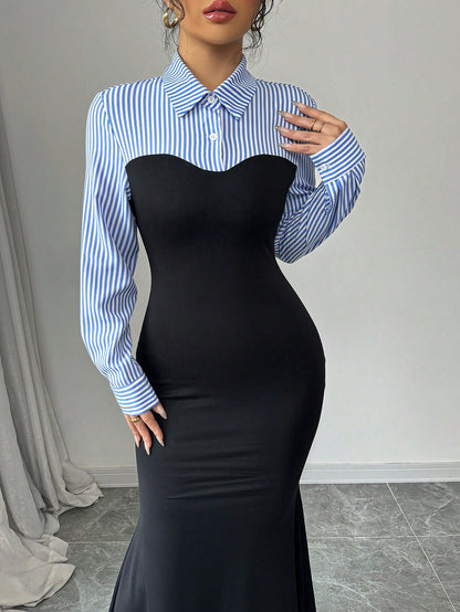 Rafferiza Elegant Bodycon Black And White AB Paneled High Slit Long Sleeve Stripe Mixed Knit Maxi Dress For Women,Autumn Office Winter Fish Hem Fall Outfit