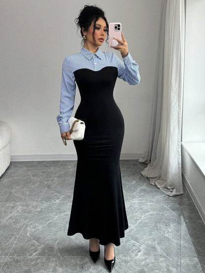 Rafferiza Elegant Bodycon Black And White AB Paneled High Slit Long Sleeve Stripe Mixed Knit Maxi Dress For Women,Autumn Office Winter Fish Hem Fall Outfit