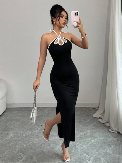 Rafferiza French Style Elegant Sexy Ombre Hollow Out Backless Slit Bodycon Dress For Women