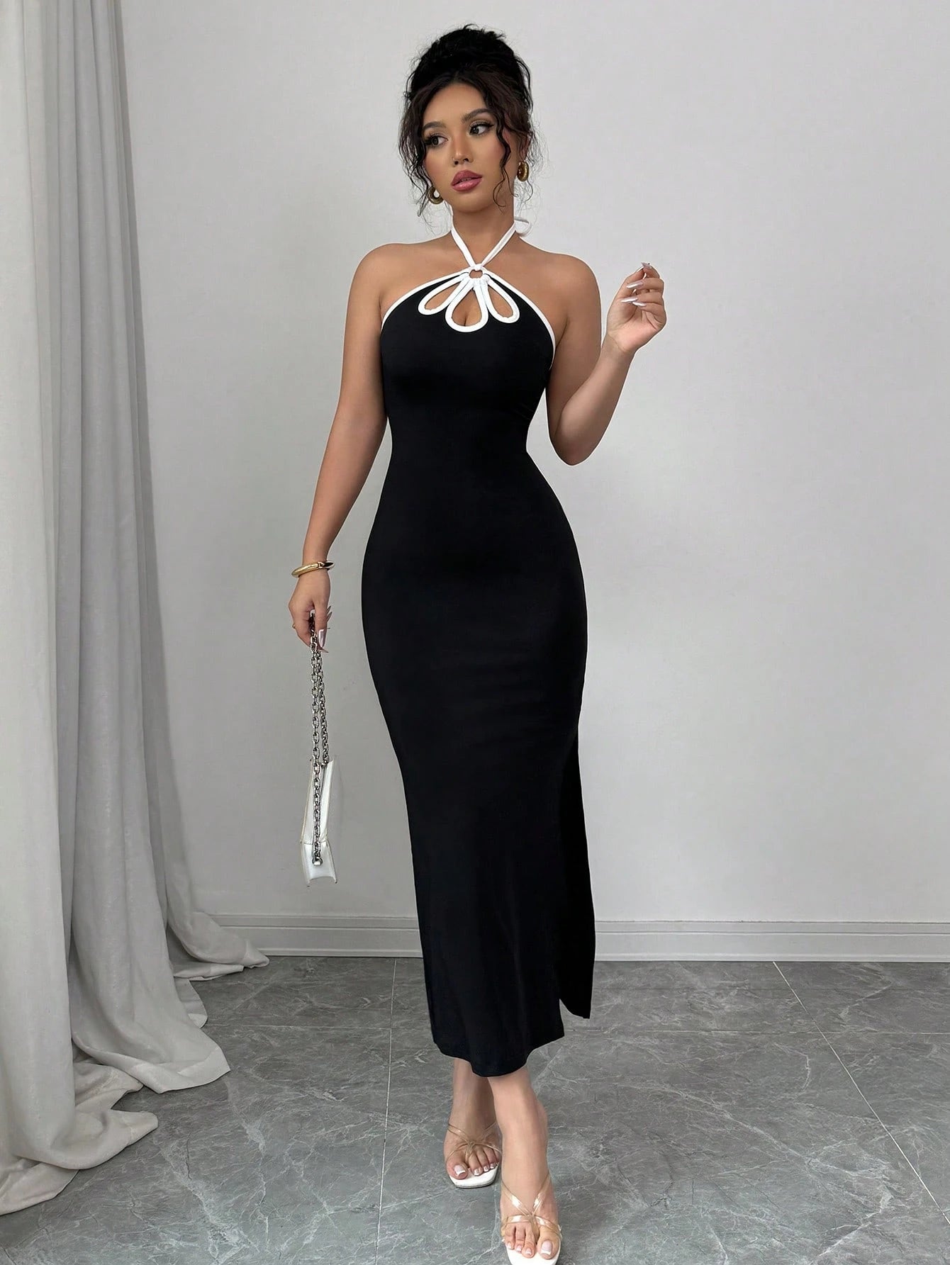 Rafferiza French Style Elegant Sexy Ombre Hollow Out Backless Slit Bodycon Dress For Women