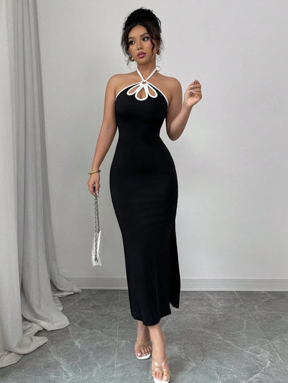 Rafferiza French Style Elegant Sexy Ombre Hollow Out Backless Slit Bodycon Dress For Women