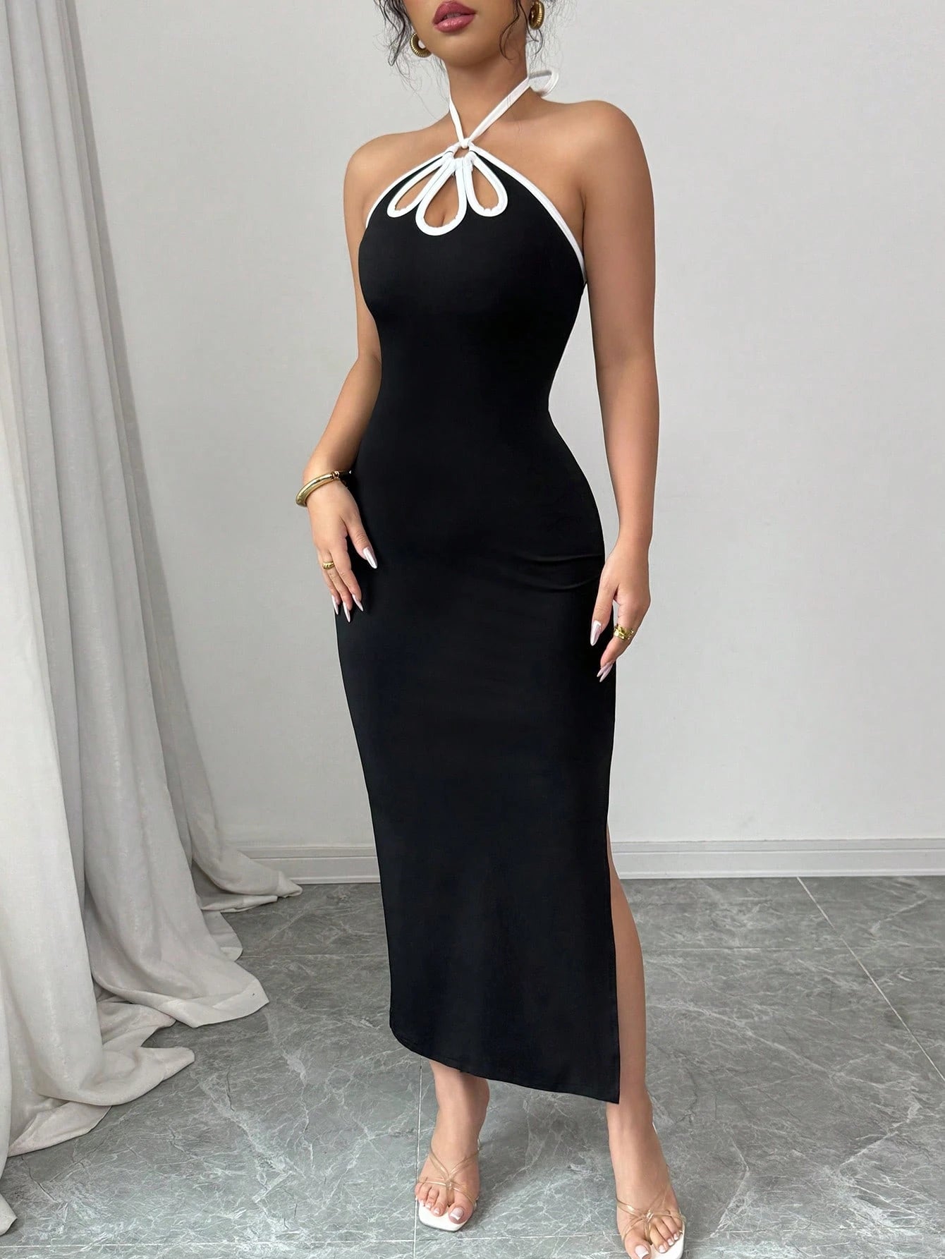Rafferiza French Style Elegant Sexy Ombre Hollow Out Backless Slit Bodycon Dress For Women