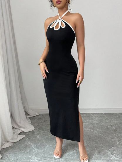Rafferiza French Style Elegant Sexy Ombre Hollow Out Backless Slit Bodycon Dress For Women