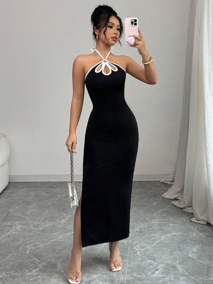 Rafferiza French Style Elegant Sexy Ombre Hollow Out Backless Slit Bodycon Dress For Women