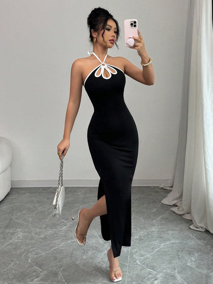 Rafferiza French Style Elegant Sexy Ombre Hollow Out Backless Slit Bodycon Dress For Women