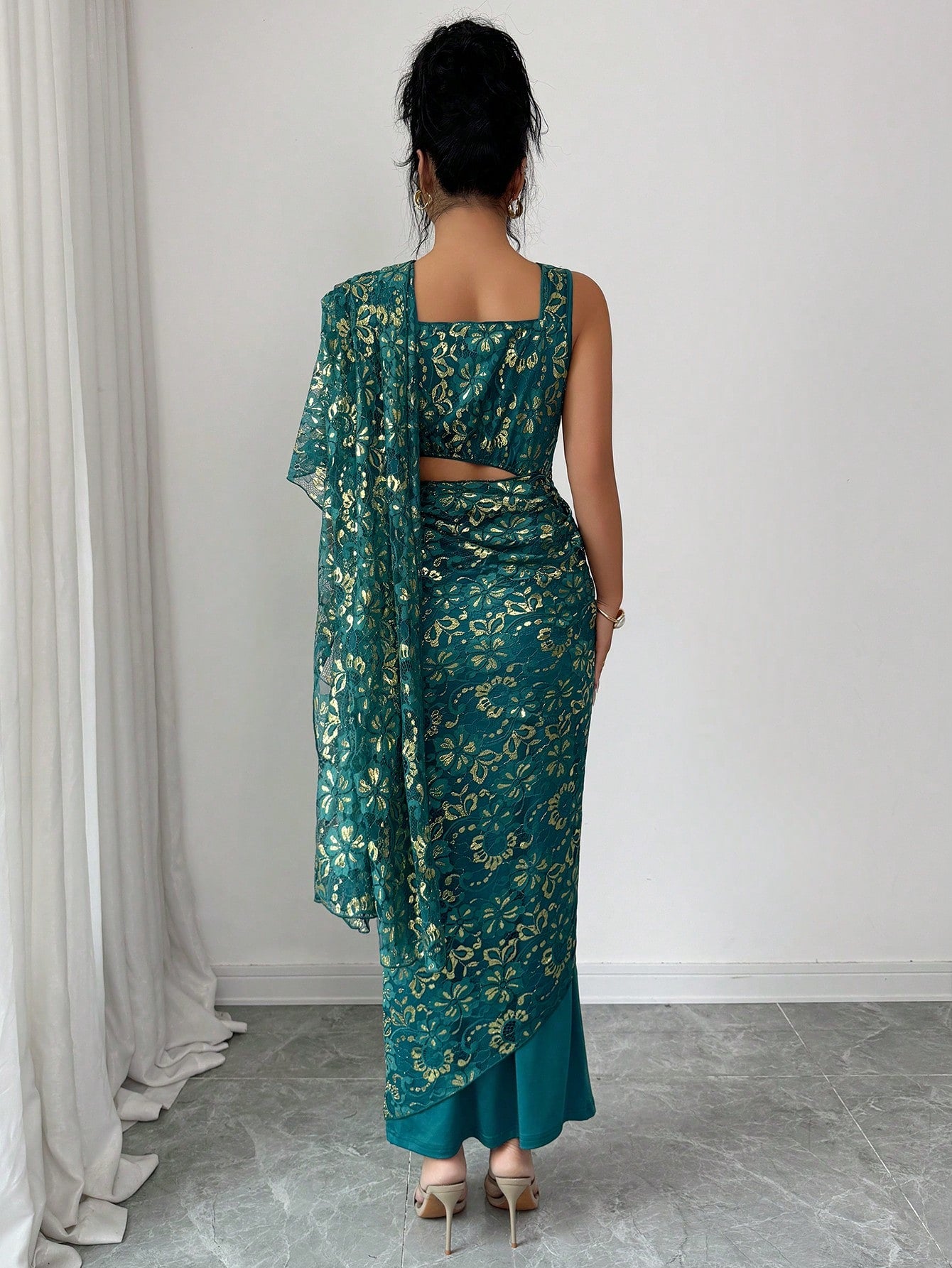 Rafferiza Women's Elegant Burgundy Lace Shawl Dress,Autumn Backless Bodycon Slip Dress For Wedding,Festivals,Casual Parties,Banquets,Daily Commute,Green Style