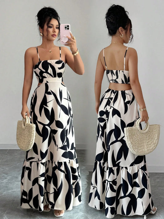 Rafferiza Women's Elegant Printed Waist-Cinched Long Dress