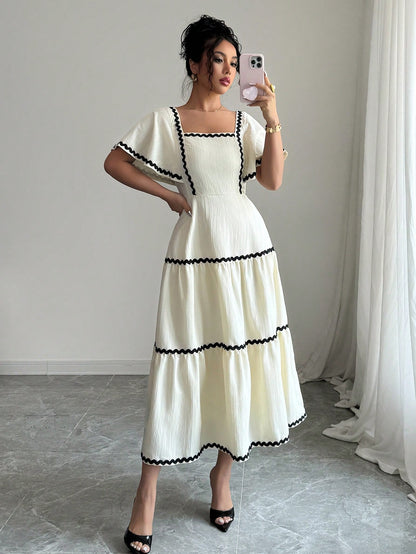 Rafferiza Women's Square Neck Puff Sleeve Textured French Style Holiday Ruffled Flared Dress In Buttercup Yellow, Elegant