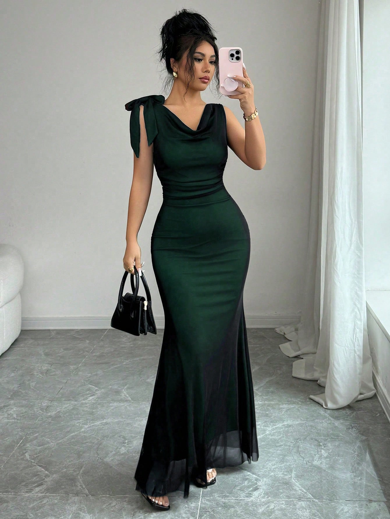 Raffinéa Contrast Color Mesh Double Ruffle Collar Bow Tie Waist Fitted Fishtail Backless Sleeveless Dress For Women