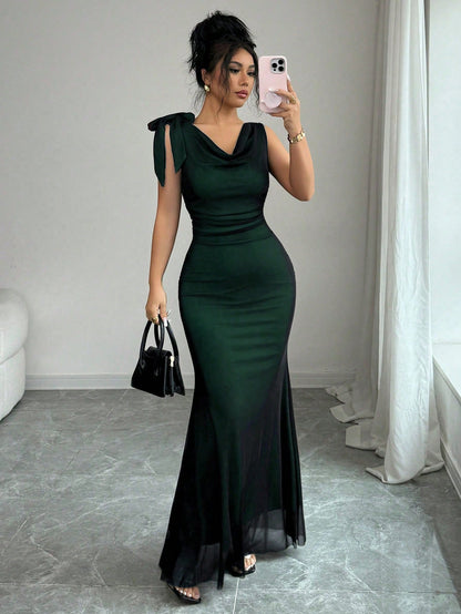 Raffinéa Contrast Color Mesh Double Ruffle Collar Bow Tie Waist Fitted Fishtail Backless Sleeveless Dress For Women