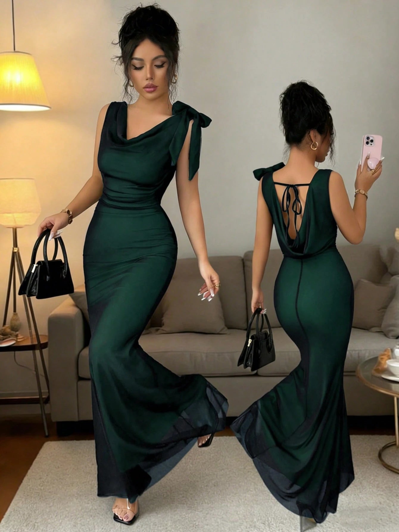 Raffinéa Contrast Color Mesh Double Ruffle Collar Bow Tie Waist Fitted Fishtail Backless Sleeveless Dress For Women