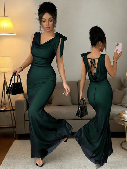 Raffinéa Contrast Color Mesh Double Ruffle Collar Bow Tie Waist Fitted Fishtail Backless Sleeveless Dress For Women