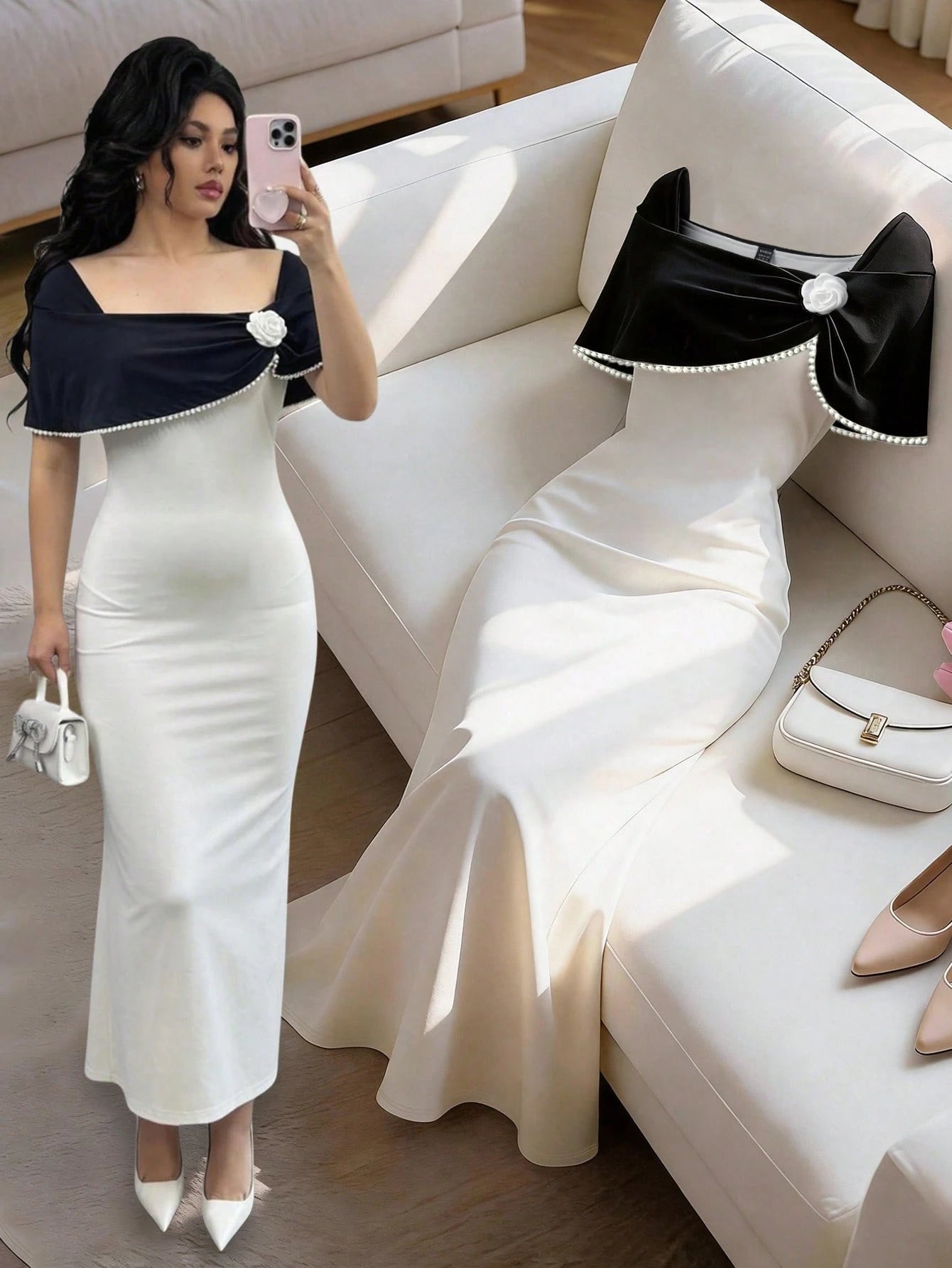 Raffinéa Women's Floral Decor Faux Pearl Elegant Waist Cinched Long Party Dress,Black And White Autumn Dining White Mermaid Midi Dress Summer New Arrival