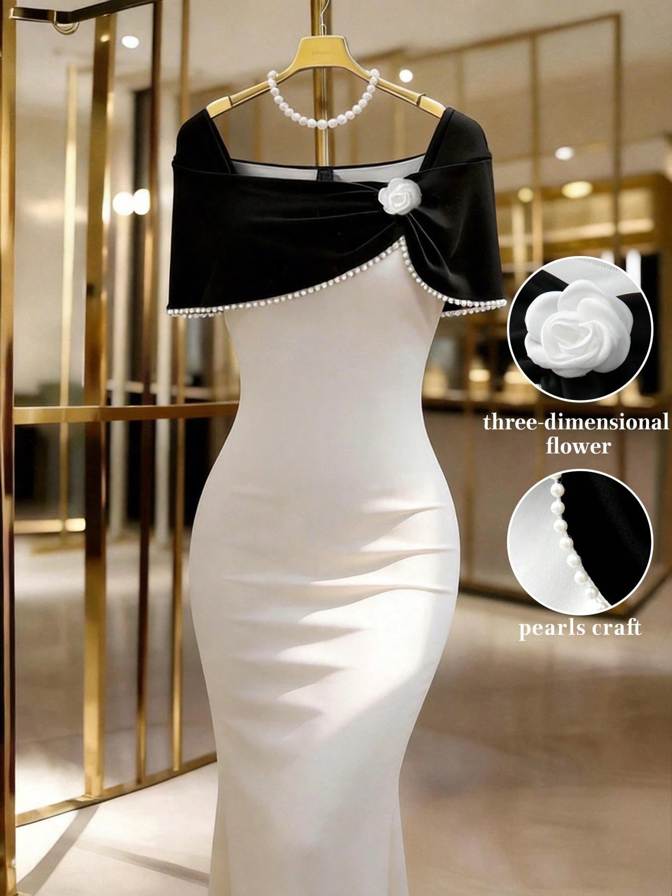 Raffinéa Women's Floral Decor Faux Pearl Elegant Waist Cinched Long Party Dress,Black And White Autumn Dining White Mermaid Midi Dress Summer New Arrival