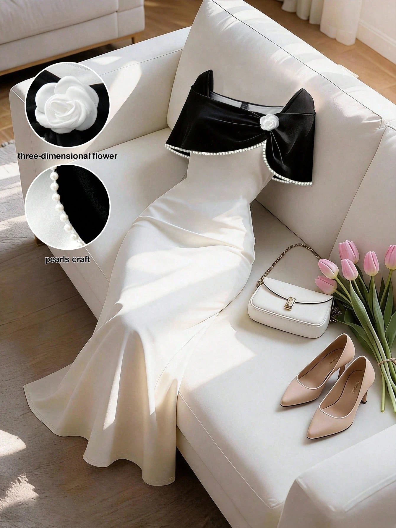 Raffinéa Women's Floral Decor Faux Pearl Elegant Waist Cinched Long Party Dress,Black And White Autumn Dining White Mermaid Midi Dress Summer New Arrival