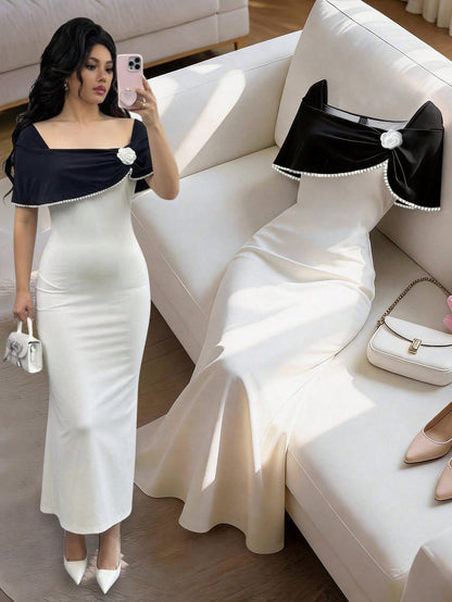 Raffinéa Women's Floral Decor Faux Pearl Elegant Waist Cinched Long Party Dress,Black And White Autumn Dining White Mermaid Midi Dress Summer New Arrival