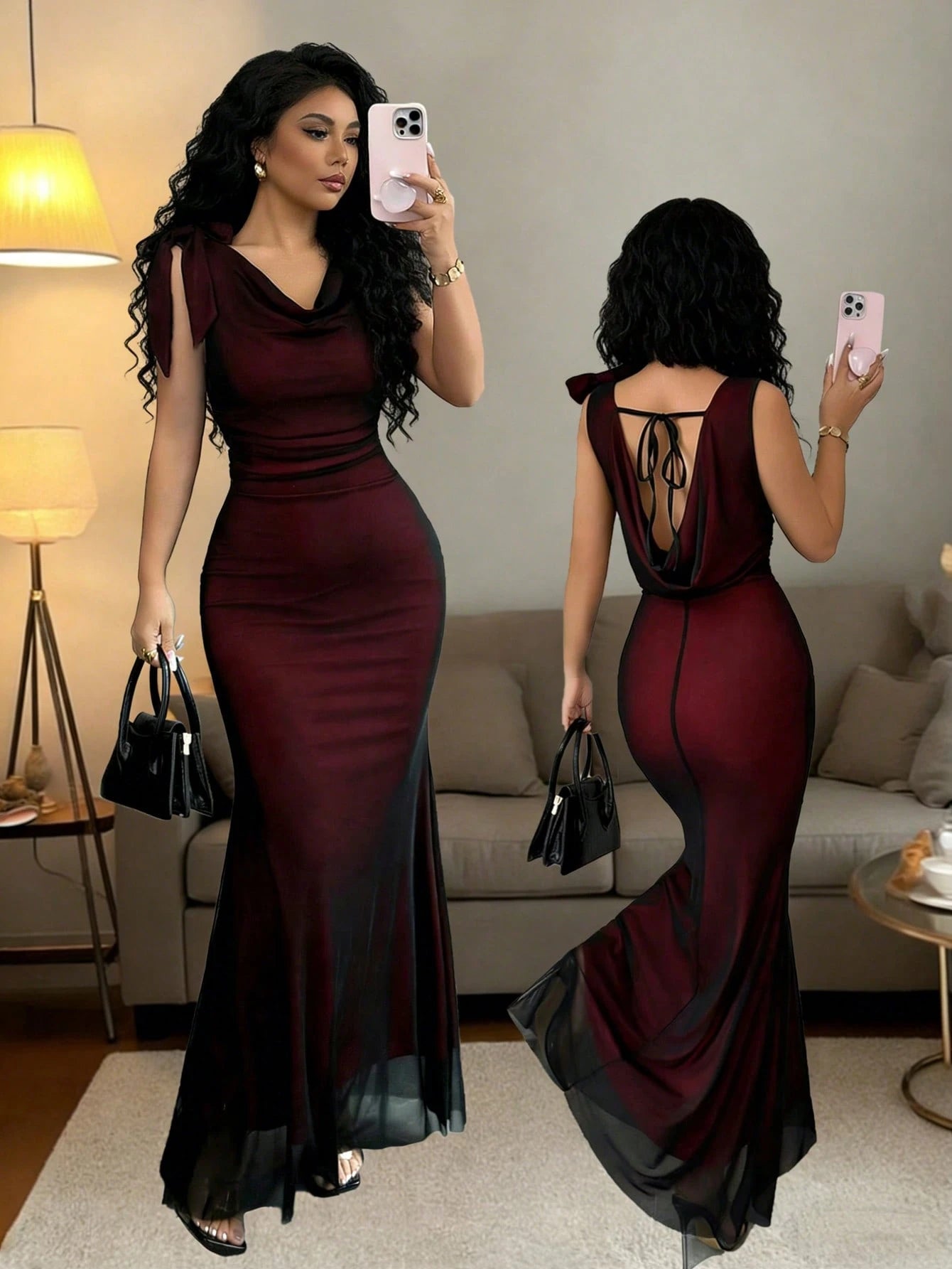 Raffinéa Women Summer Elegant Color-Blocked Mesh Fishtail Gown,Sleeveless Backless Bow-Tie Fitted Dress For Party Night,Autumn,Black Silver Luxury Sheer Dress