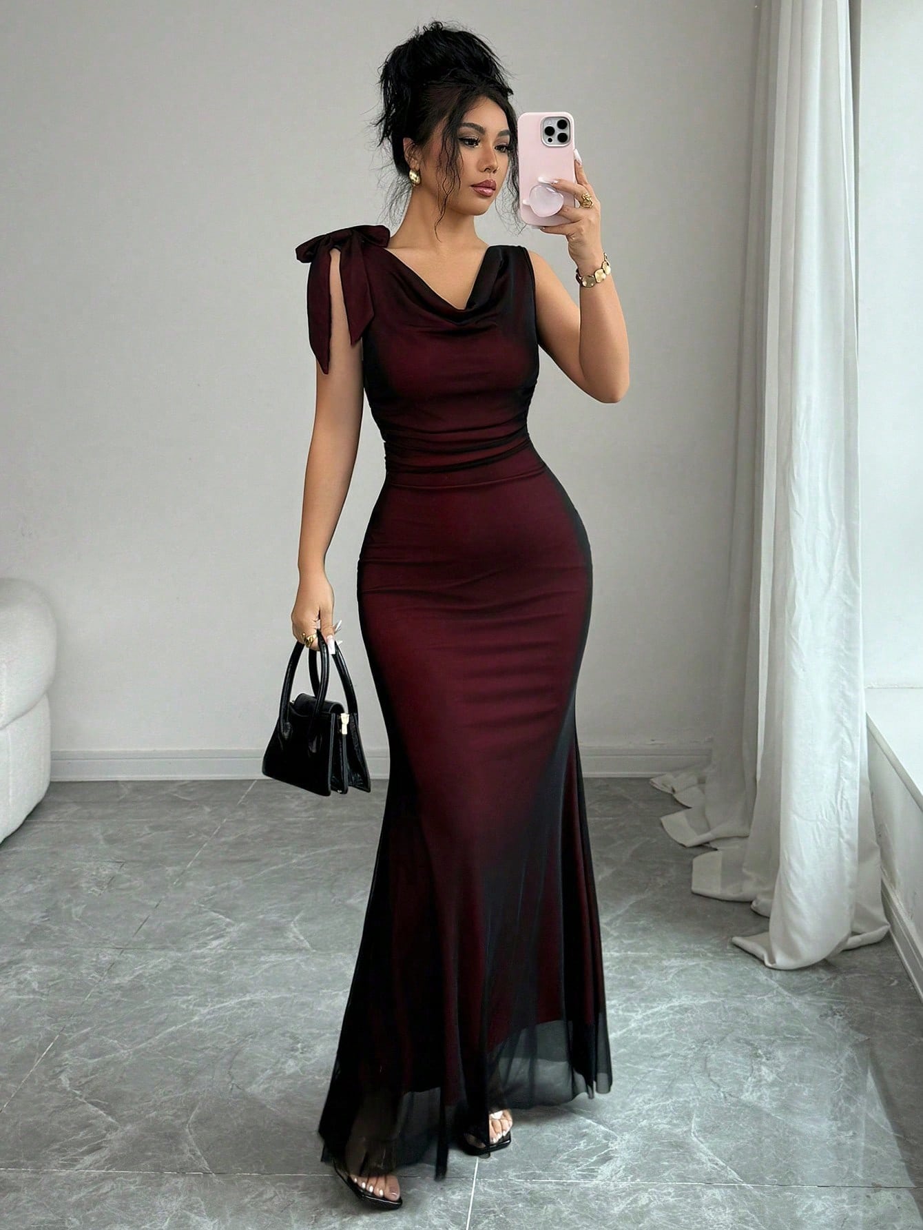 Raffinéa Women Summer Elegant Color-Blocked Mesh Fishtail Gown,Sleeveless Backless Bow-Tie Fitted Dress For Party Night,Autumn,Black Silver Luxury Sheer Dress