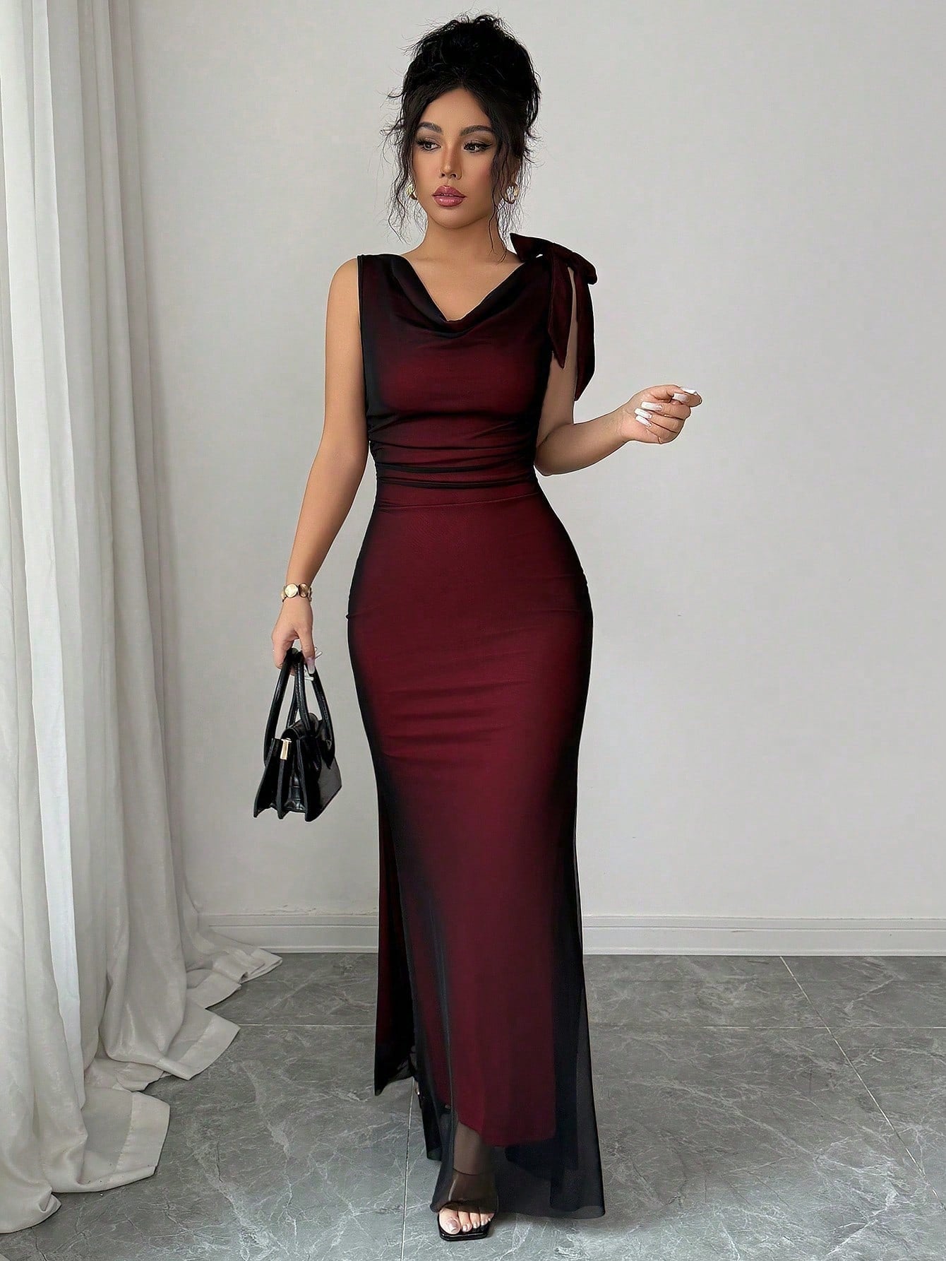 Raffinéa Women Summer Elegant Color-Blocked Mesh Fishtail Gown,Sleeveless Backless Bow-Tie Fitted Dress For Party Night,Autumn,Black Silver Luxury Sheer Dress