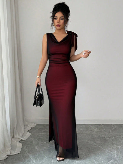 Raffinéa Women Summer Elegant Color-Blocked Mesh Fishtail Gown,Sleeveless Backless Bow-Tie Fitted Dress For Party Night,Autumn,Black Silver Luxury Sheer Dress
