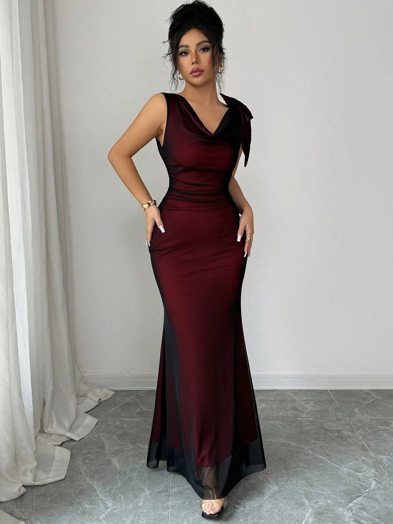 Raffinéa Women Summer Elegant Color-Blocked Mesh Fishtail Gown,Sleeveless Backless Bow-Tie Fitted Dress For Party Night,Autumn,Black Silver Luxury Sheer Dress