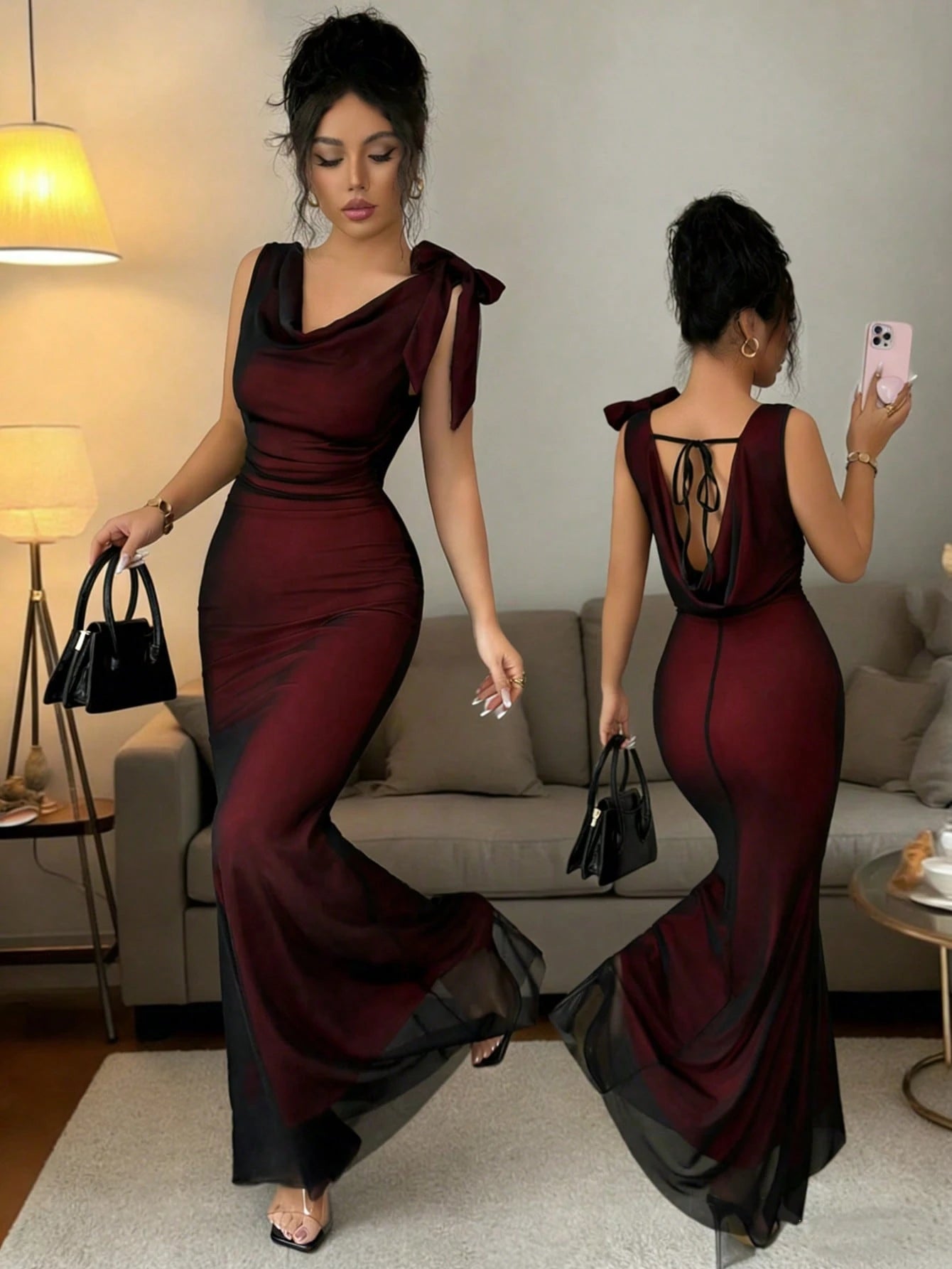 Raffinéa Women Summer Elegant Color-Blocked Mesh Fishtail Gown,Sleeveless Backless Bow-Tie Fitted Dress For Party Night,Autumn,Black Silver Luxury Sheer Dress