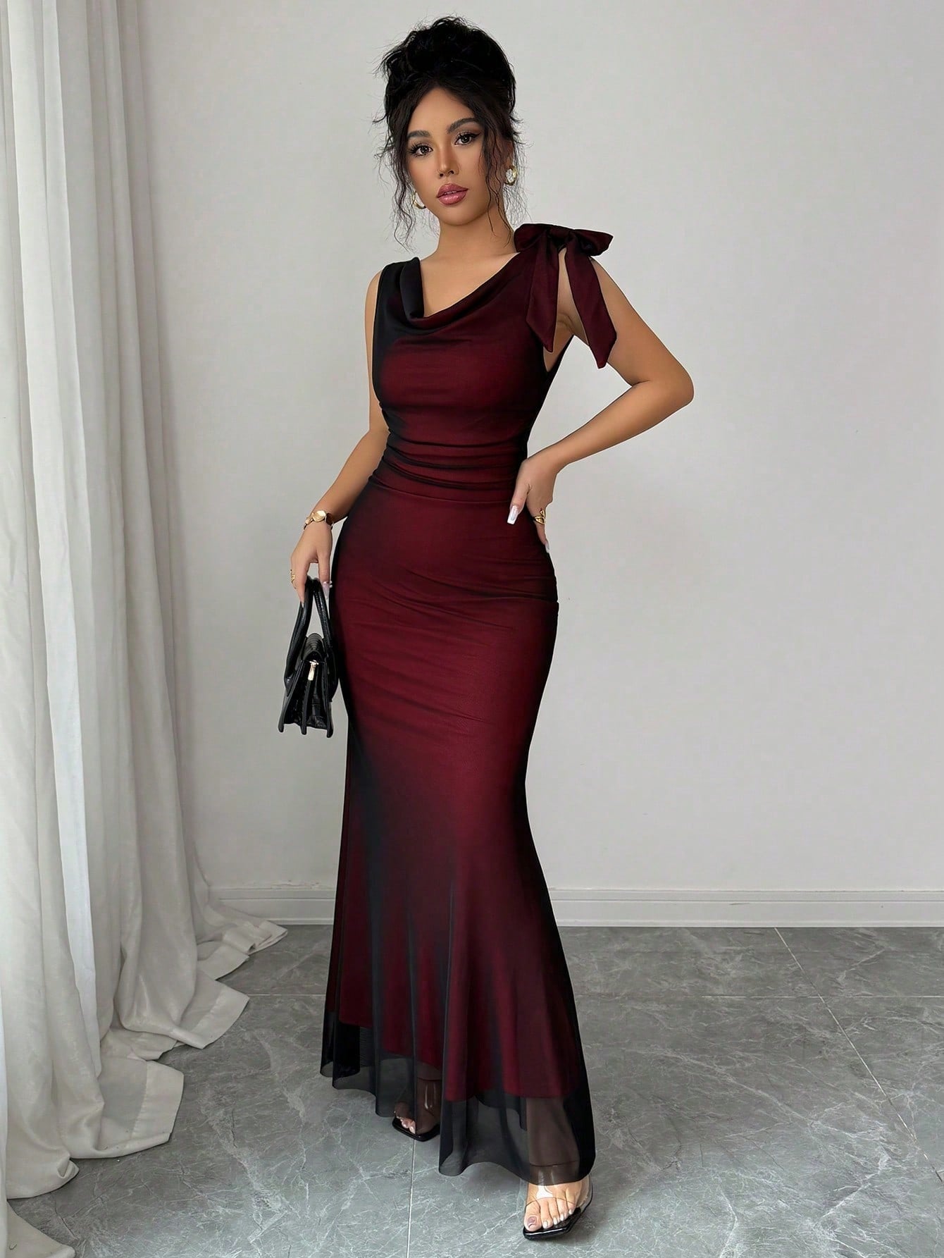 Raffinéa Women Summer Elegant Color-Blocked Mesh Fishtail Gown,Sleeveless Backless Bow-Tie Fitted Dress For Party Night,Autumn,Black Silver Luxury Sheer Dress