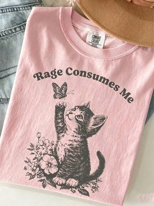 Rage Consumes Me Graphic Tee 100 Percent Cotton Curvy Teacher Outfits Nashville Western 90s Aesthetic Cute Cat Meme Mental Health Loose Fit Top